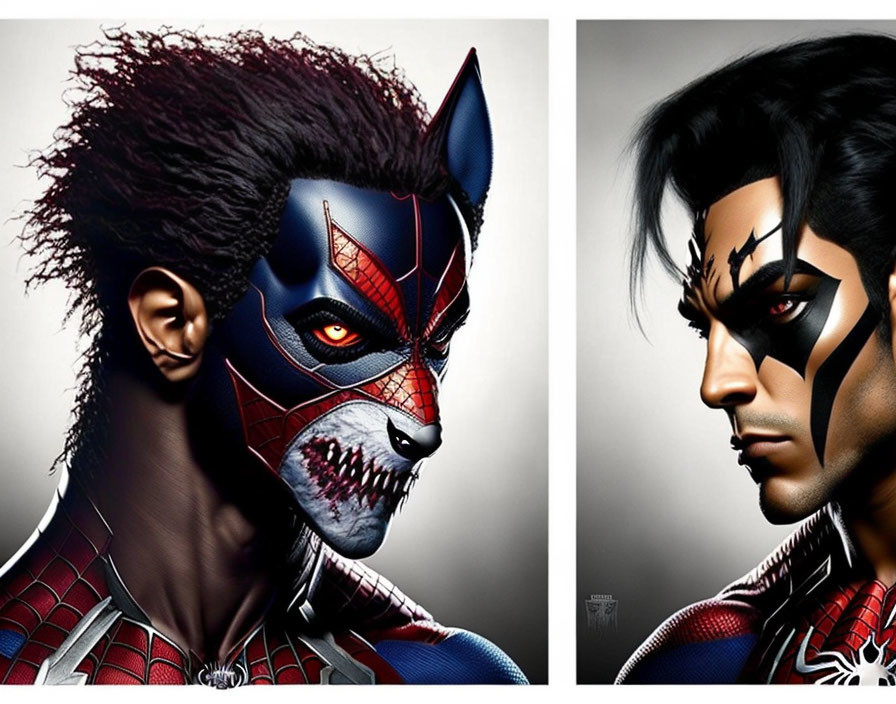 Stylized portraits blend men with superhero and villain features: spider-themed and wolf-themed.