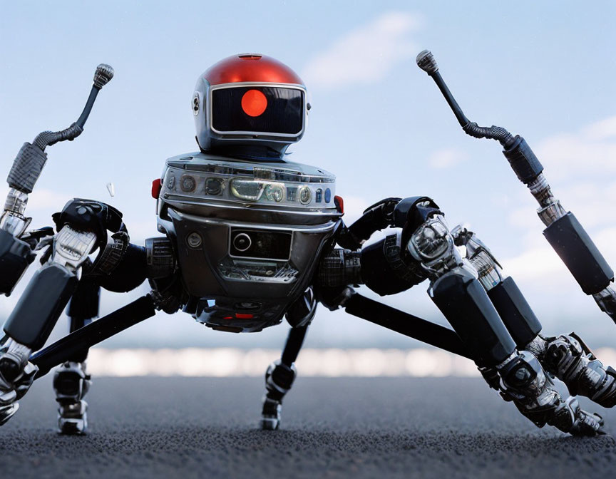 Red-eyed multi-limbed robot on surface with cylindrical body and blurry background