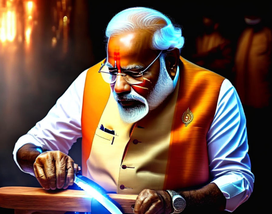 Man with White Beard and Glasses Studying Futuristic Device on Table