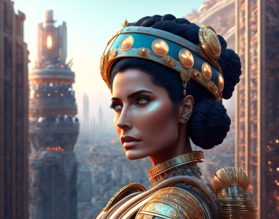 Intricate golden headdress and armor on woman in futuristic cityscape.