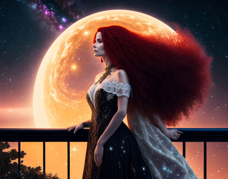 Red-haired woman admires giant moon in starry sky from balcony.