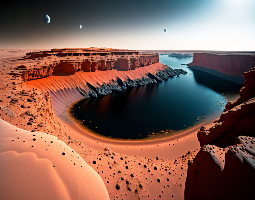 Surreal sandstone canyon and dunes by dark water with dual moons