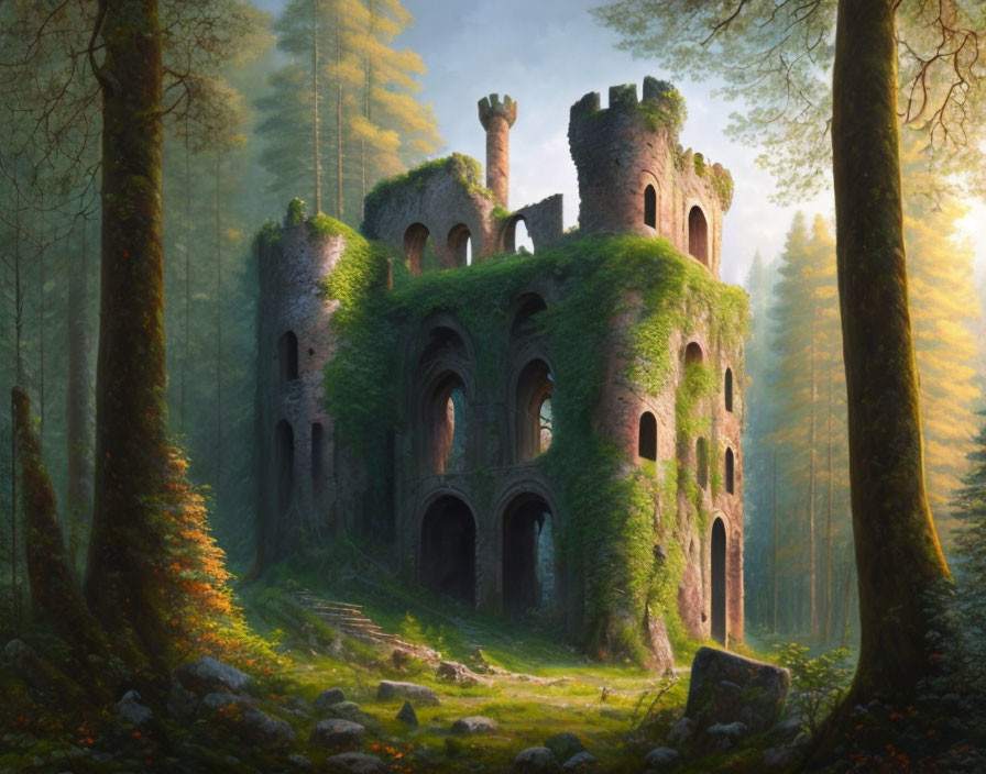 Ancient Castle in Tranquil Forest with Soft Sunlight