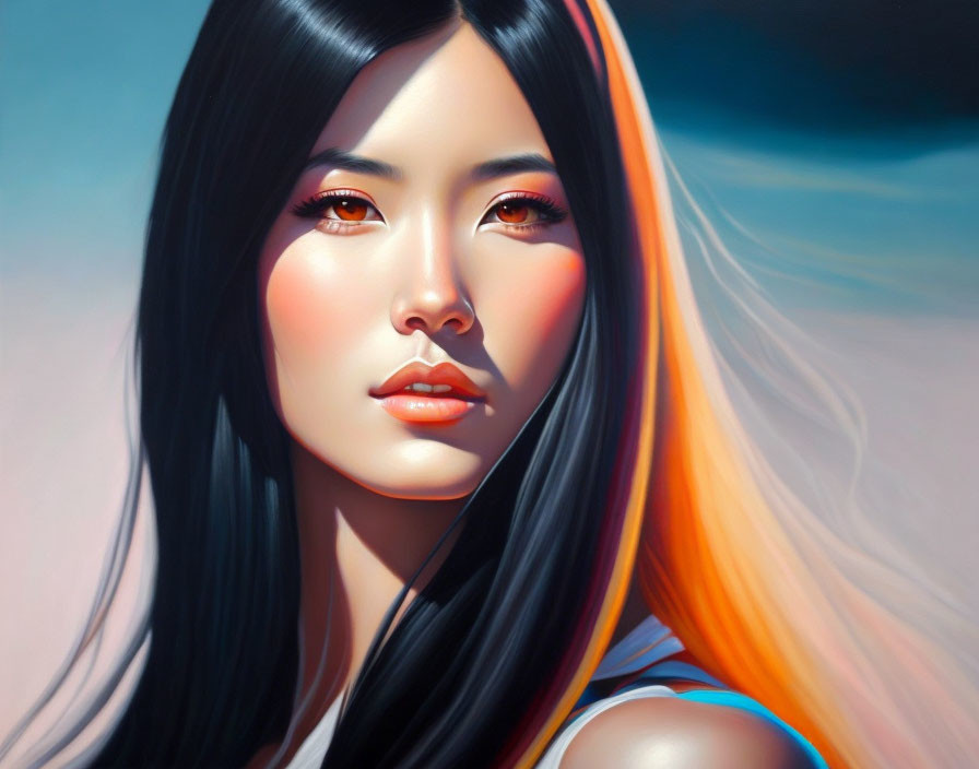 Digital Artwork: Woman with Long Hair, Black to Orange Transition