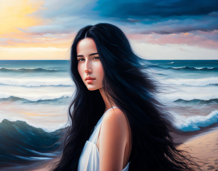 Woman in White Dress by Coastal Sunset Seascape