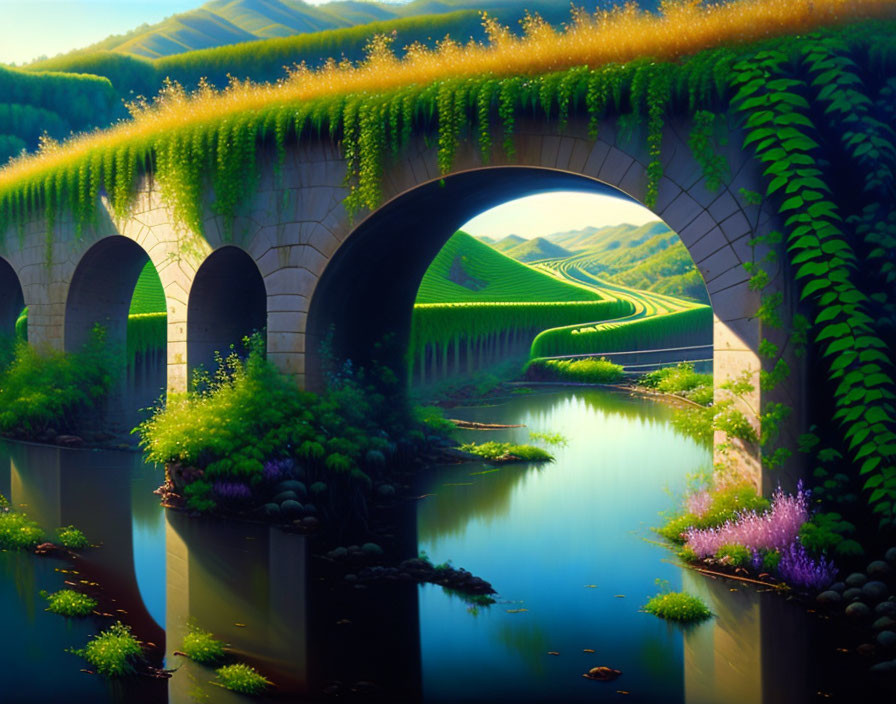 Scenic arch bridge with greenery, calm waters, and rolling hills in the distance