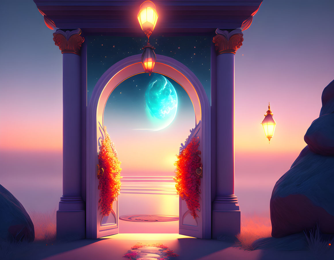 Illustrated archway with orange leaves under twilight sky and large moon over serene sea