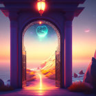 Illustrated archway with orange leaves under twilight sky and large moon over serene sea