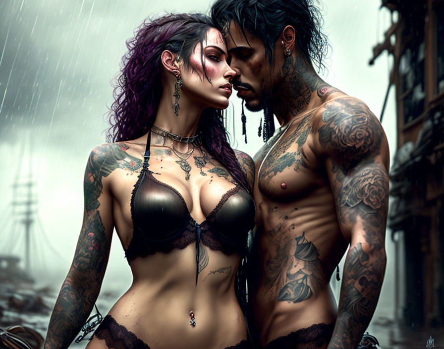 Heavily tattooed man and woman facing each other in the rain with a ship in the background