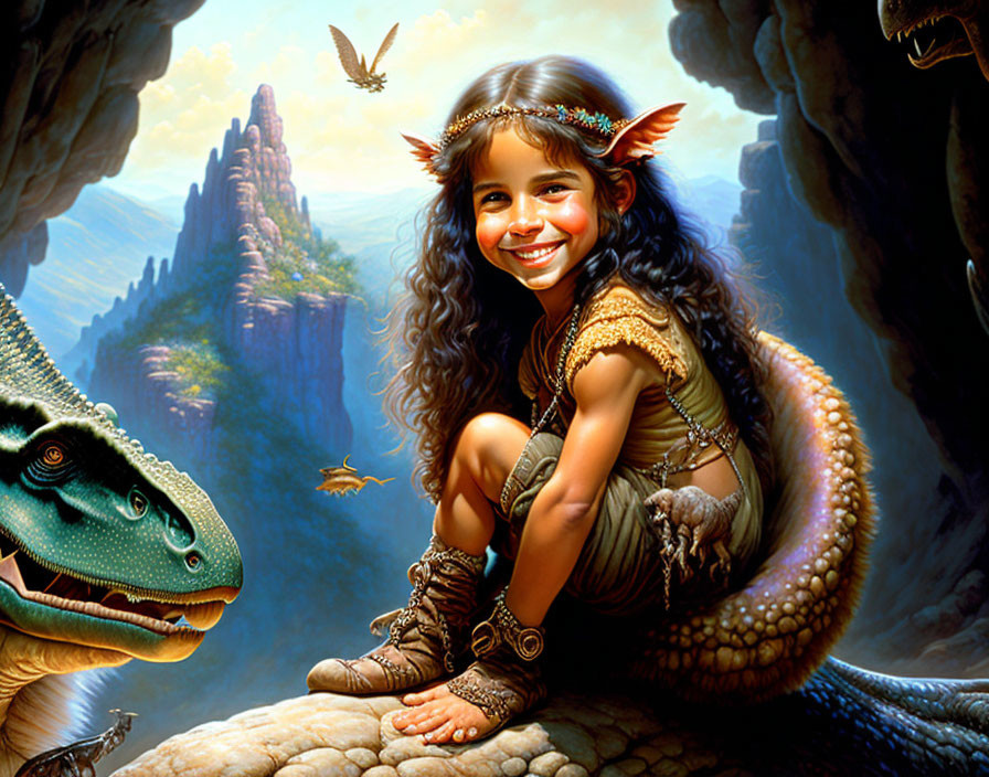 Smiling girl with dragon on rocky outcrop in fantasy setting