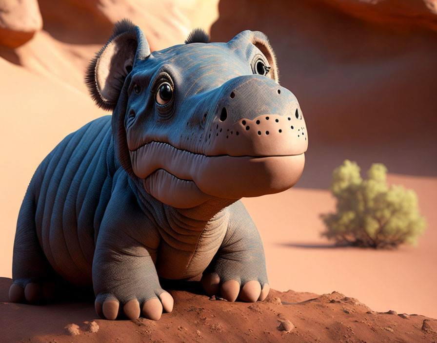 Cartoon-style baby hippopotamus in desert setting