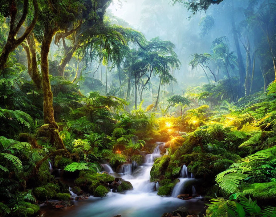 Tranquil forest scene with mist, sunlight, and flowing stream