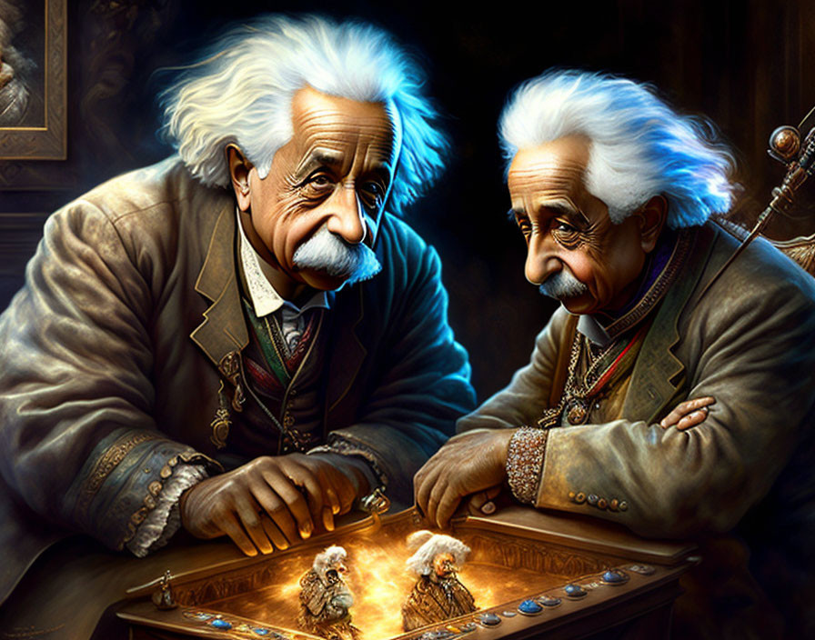 Two people resembling Albert Einstein playing fantasy chess with glowing pieces