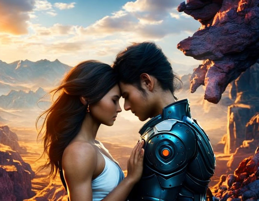 Woman and humanoid robot touching foreheads in dramatic canyon sunset scene