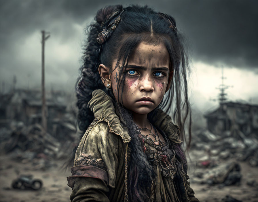 Young girl with blue eyes in war-torn landscape exudes resilience