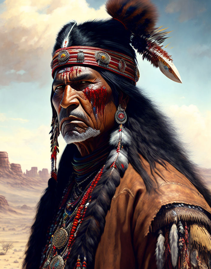 Native American man in traditional attire and headdress in desert setting