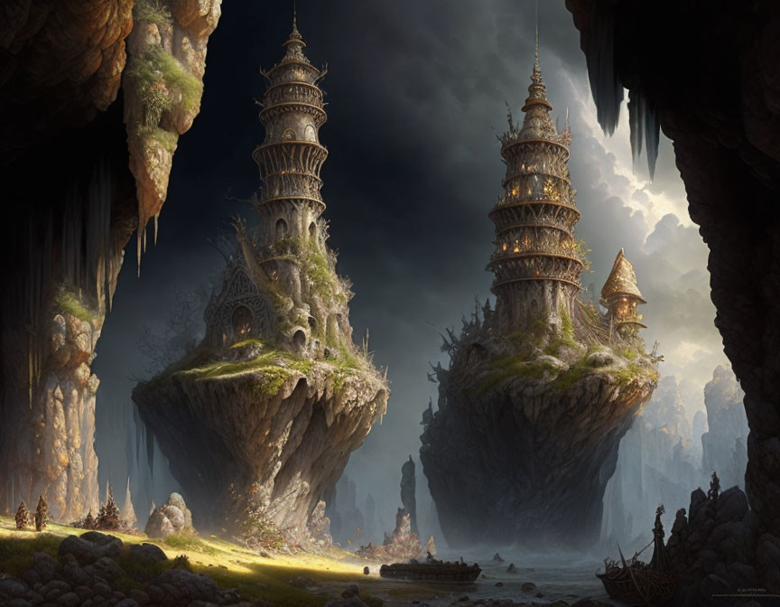 Fantasy landscape: Stone castles on floating islands with cliffs and soft light