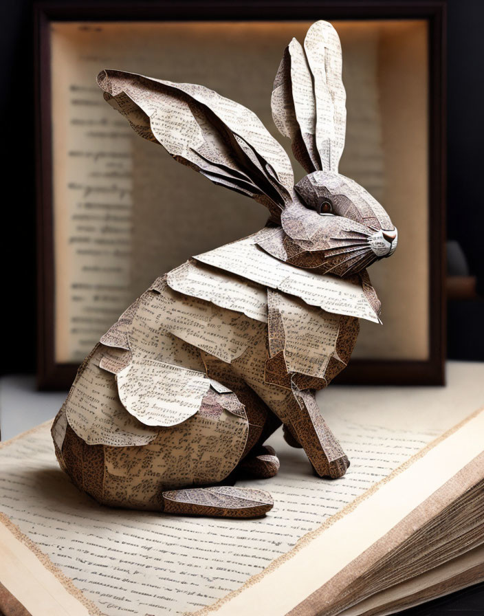 Intricate paper rabbit sculpture on book pages with text