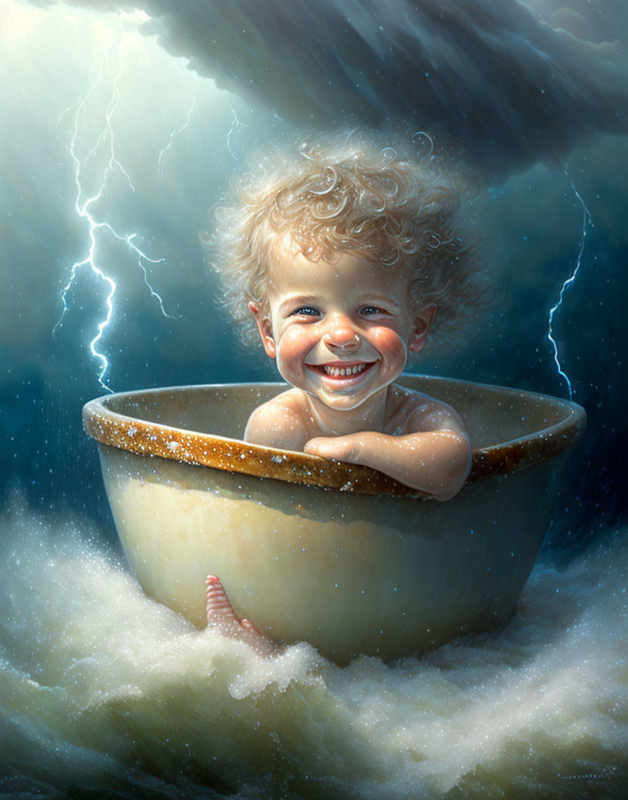 Curly-Haired Toddler in Bathtub Amidst Stormy Waves