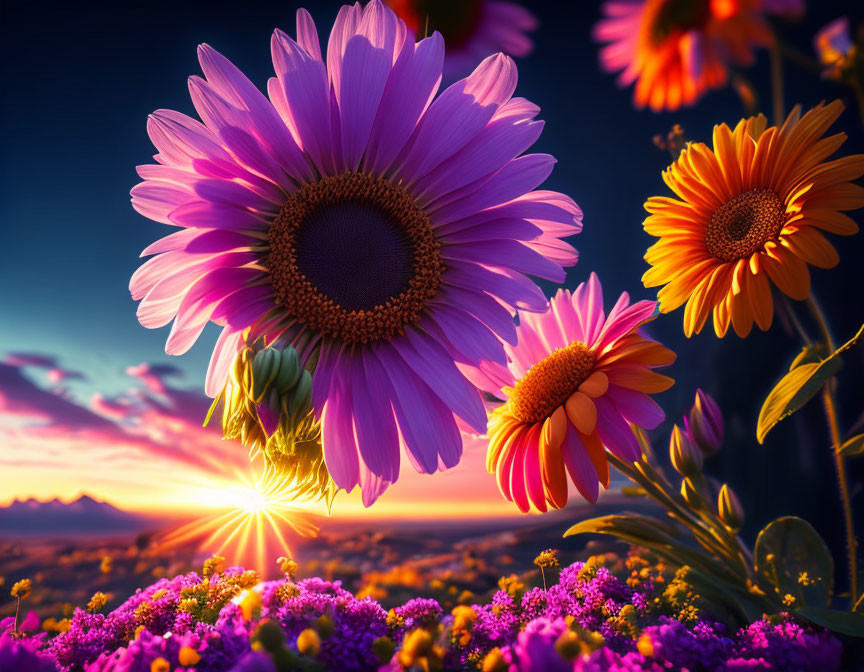 Colorful sunflowers and purple wildflowers under sunset rays