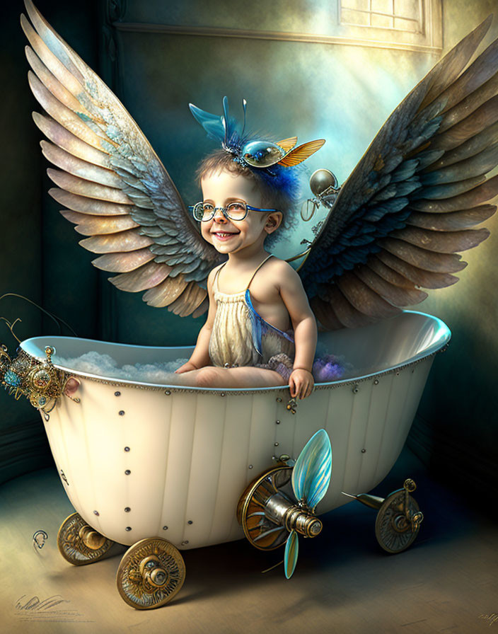 Child with glasses in whimsical bathtub with gears and bird in warm light