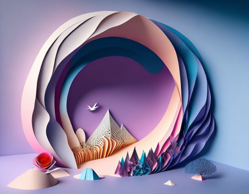 Vibrant Paper Art Installation with Swirling Portal, Arches, Trees, Rose, and Crane