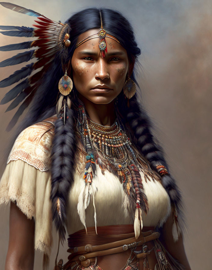 Traditional Native American Woman in Feather Headdress & Beaded Jewelry