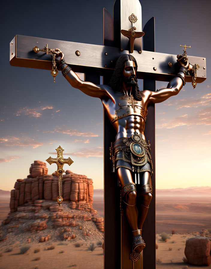 Muscular man in ornate armor on cross in desert landscape