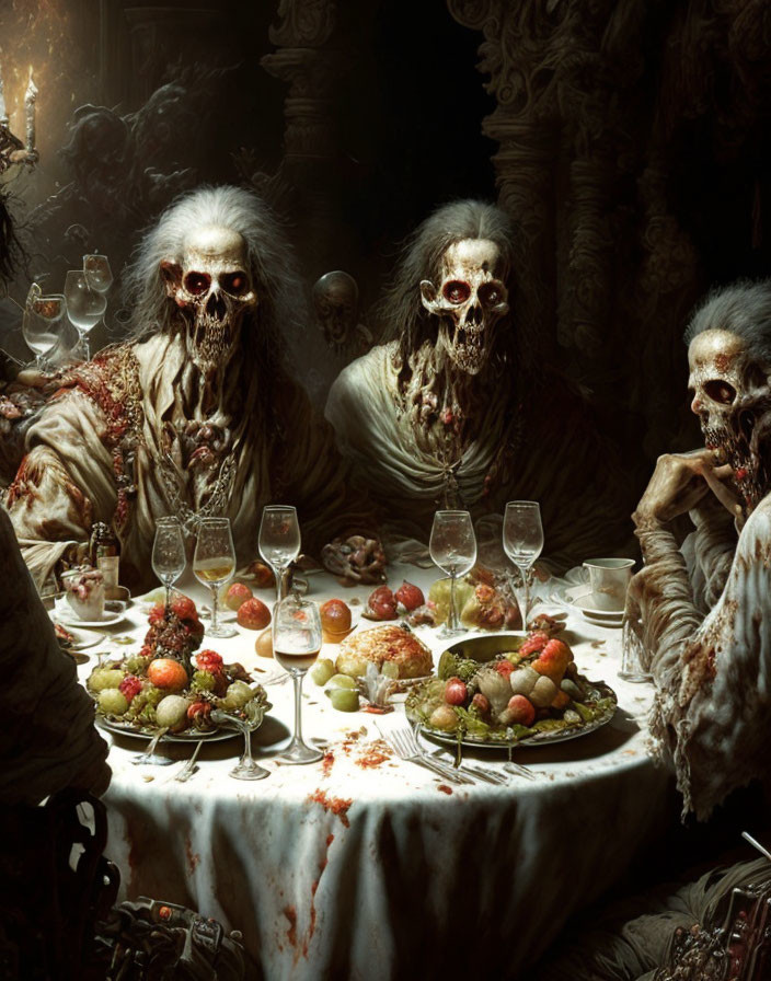 Skeletal Figures at Decadent Banquet Table in Dark Room