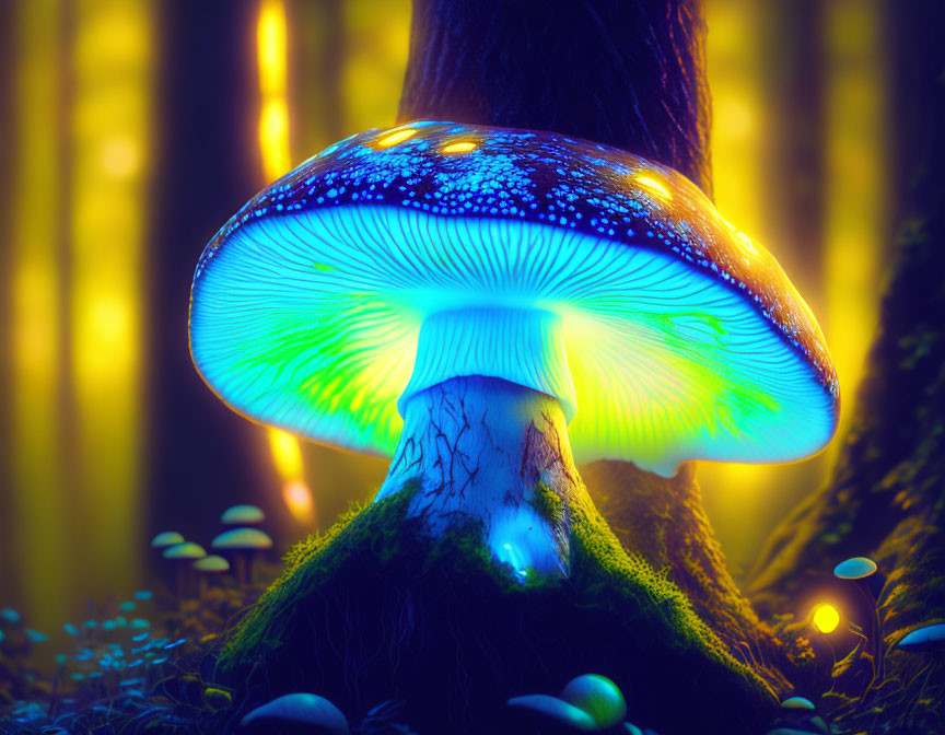 Vivid oversized mushroom glowing in blues and greens in mystical forest landscape