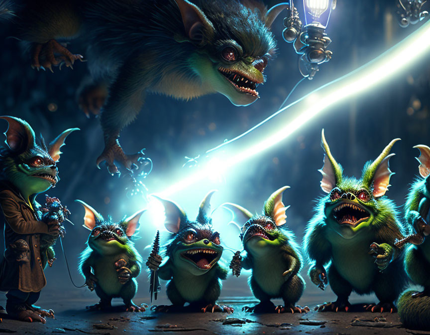 Menacing gremlins under street lamp, with lurking larger one and smaller ones.