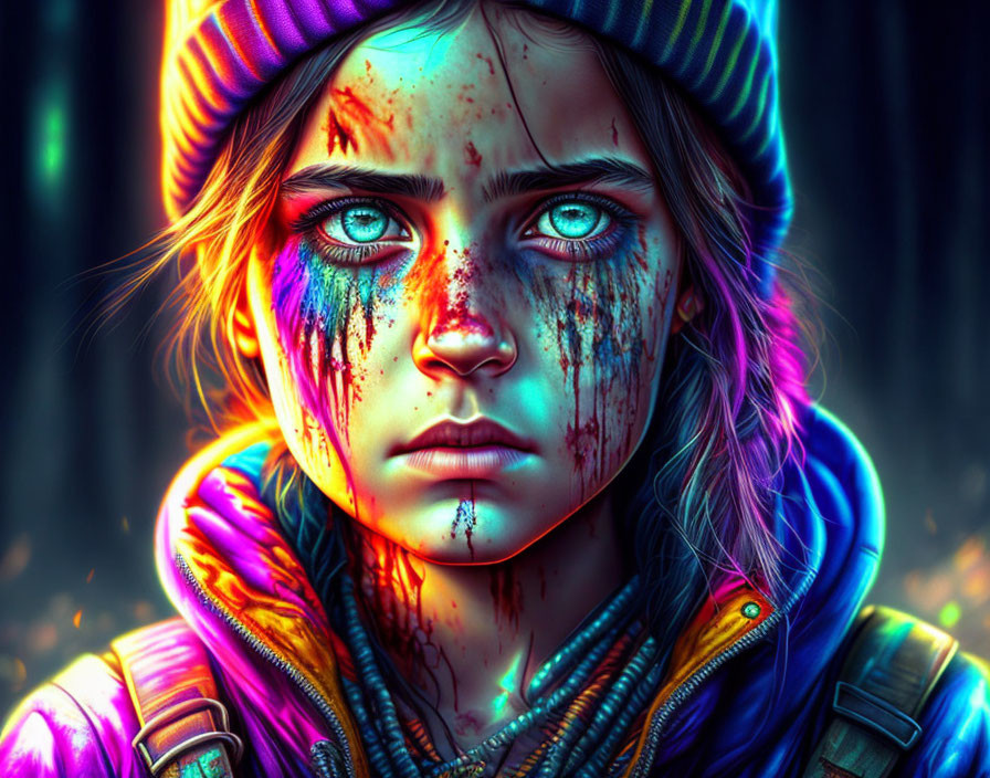 Vivid digital portrait of a girl with intense blue eyes and splatters of blood on her face