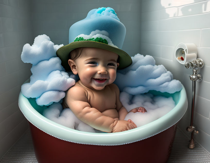 Happy Baby in Red Tub with Cloud Bubbles and Cloud Hat