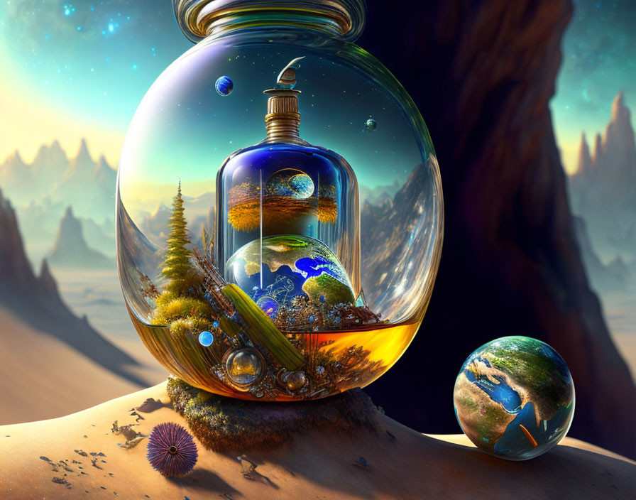 Glass Bulb Fantasy Landscape with Layered Ecosystems & Seashell in Barren Surroundings