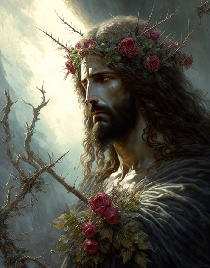 Man with Crown of Roses in Mystical Forest Portrait