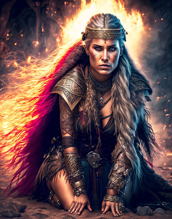 Warrior woman with tribal makeup in fur cloak and armor against fiery backdrop