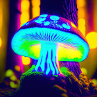 Vivid oversized mushroom glowing in blues and greens in mystical forest landscape