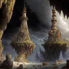 Fantasy landscape: Stone castles on floating islands with cliffs and soft light