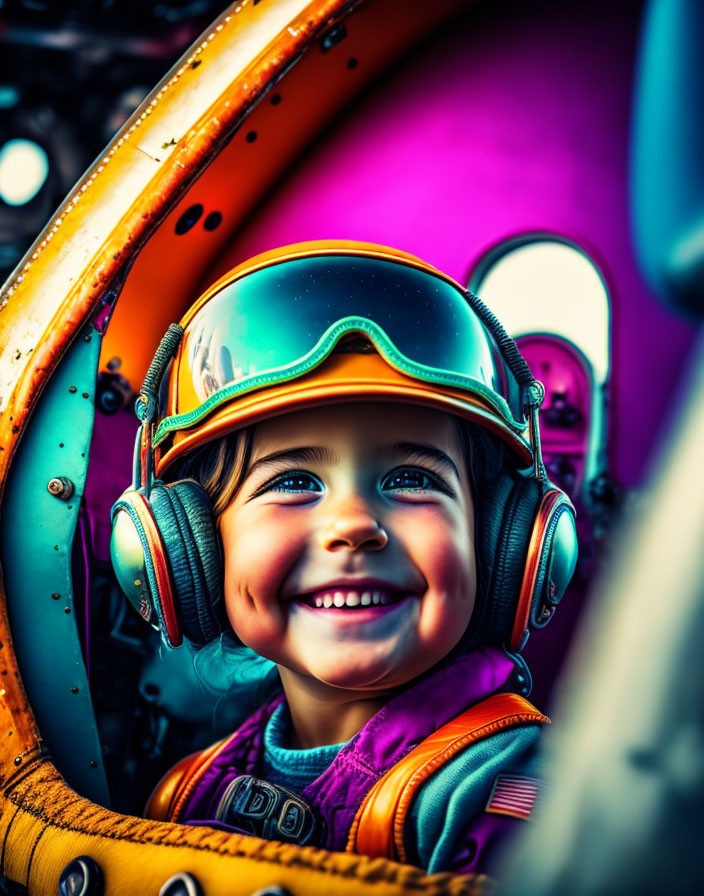 Child in Colorful Plane Cockpit with Bright Helmet