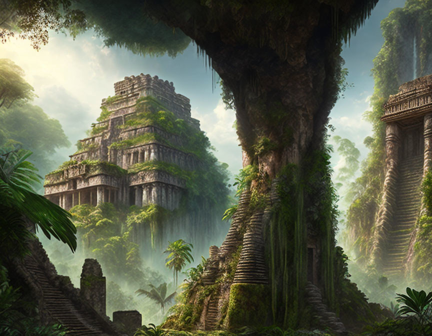 Ancient step-pyramid temples in lush jungle setting