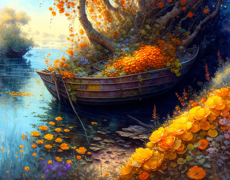 Tranquil river scene with wooden boat and orange flowers