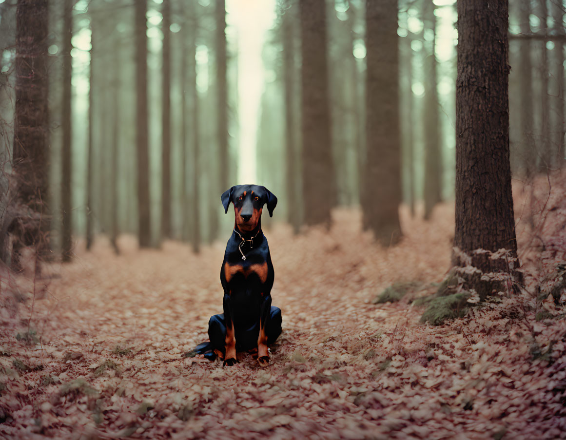 Attentive Doberman in Forest Setting with Misty Trees