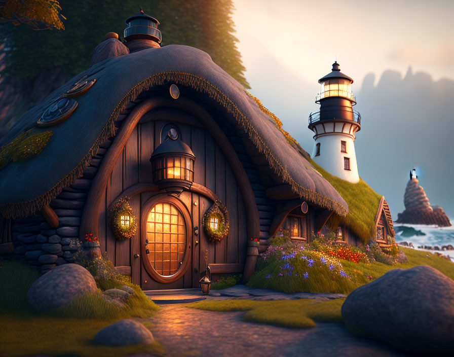 Whimsical thatched roof cottage with round door beside lighthouse and ocean at sunset