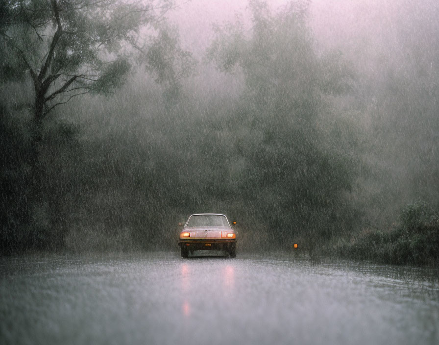 Classic Car Driving in Heavy Rain on Wet Road with Trees