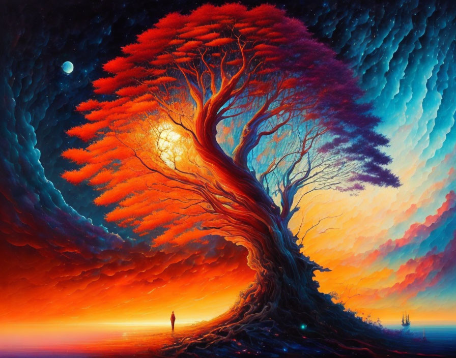 Vibrant painting of vast tree with fiery red leaves and radiant sun.