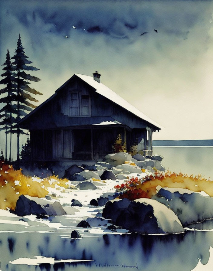 Secluded Cabin by Lake with Autumn Foliage