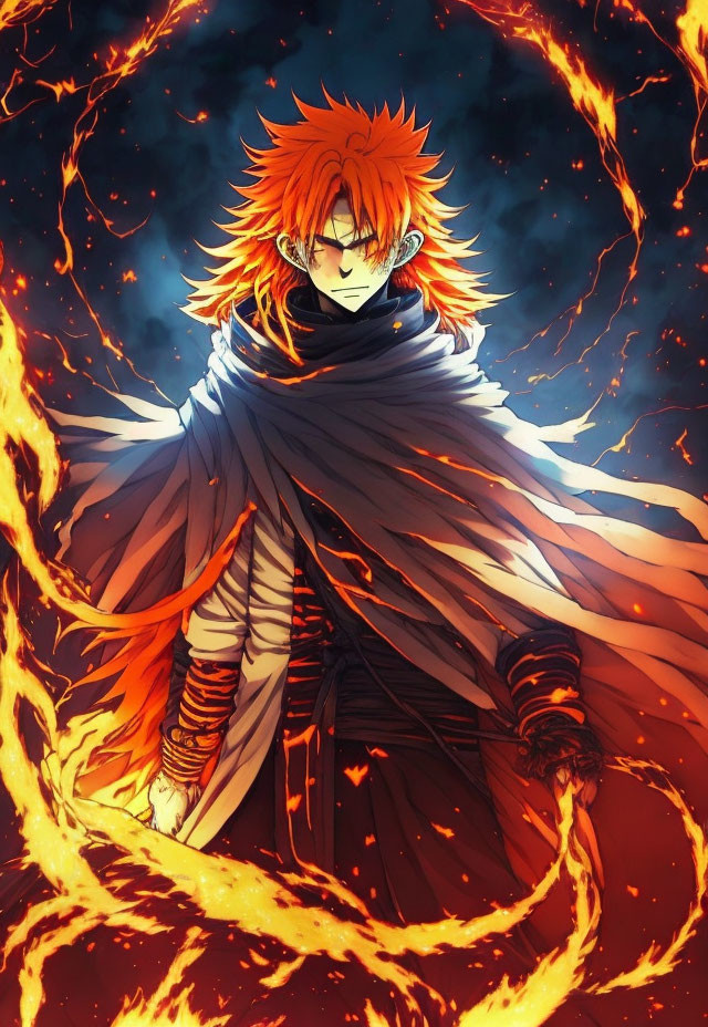 Spiky Orange-Haired Character in Dark Cloak Surrounded by Flames