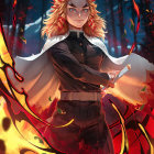 Spiky Orange-Haired Character in Dark Cloak Surrounded by Flames