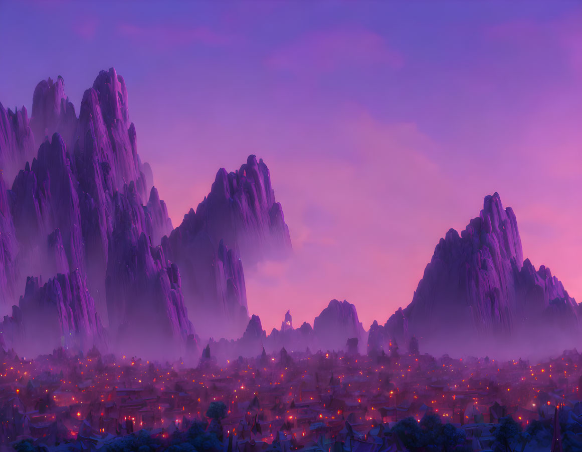 Mystical landscape with towering rock formations and glowing village under purple sky