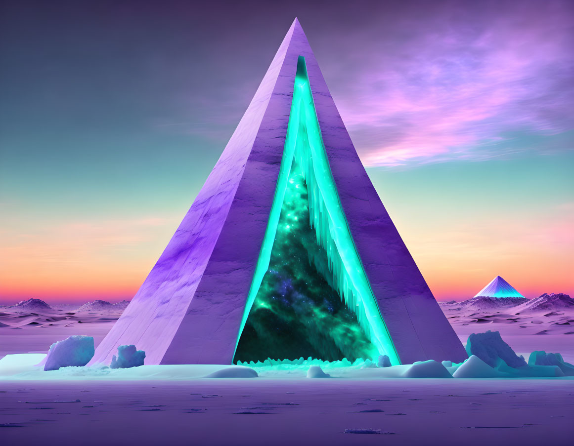 Surreal glowing pyramid in icy desert under purple sky